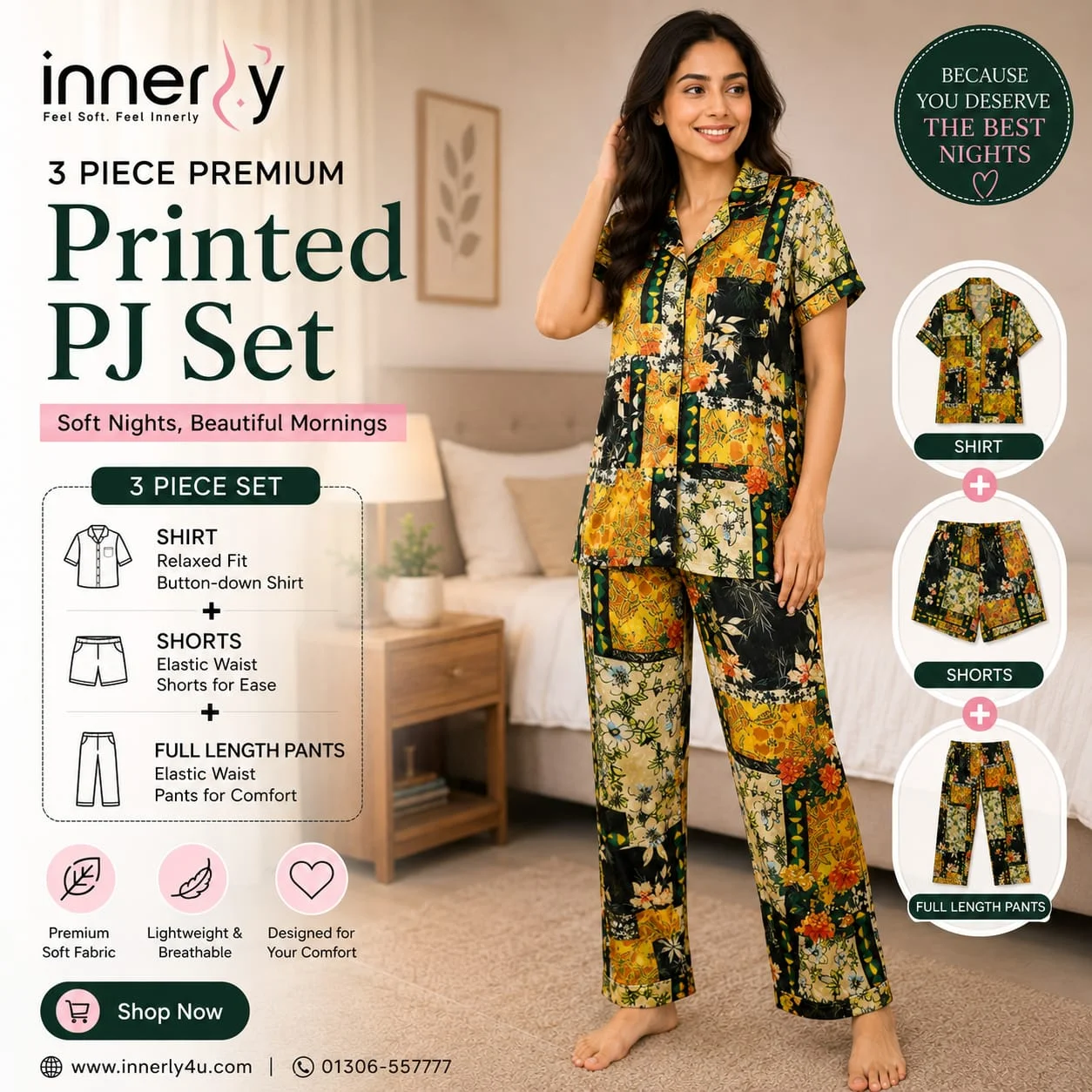 3 Part Printed Half Sleeve PJ Set - Yellow Black