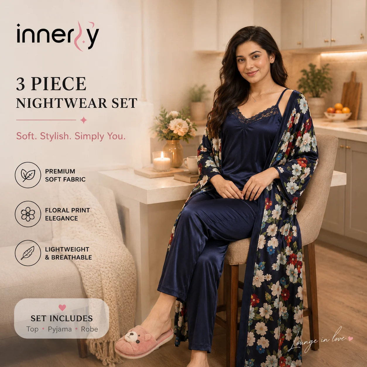 3 Part Floral Printed Half Sleeve Nightwear - Blue