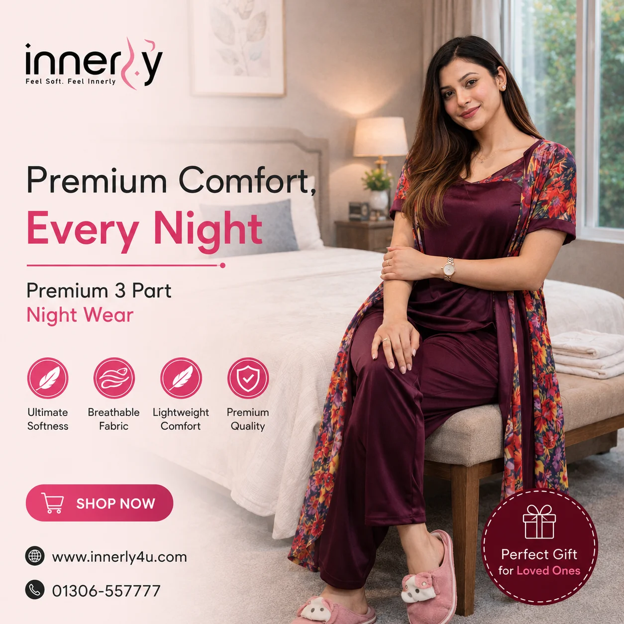 3 Part Floral Printed Half Sleeve Nightwear - Maroon