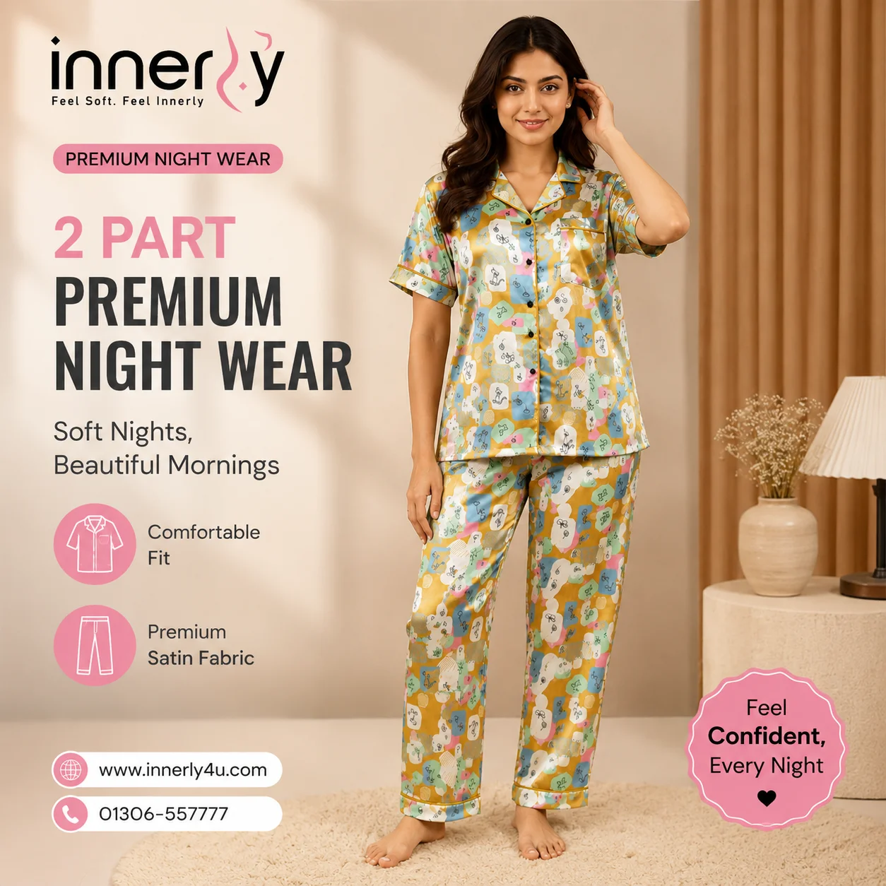 2 Part Floral Printed Half Sleeve PJ Set - Golden