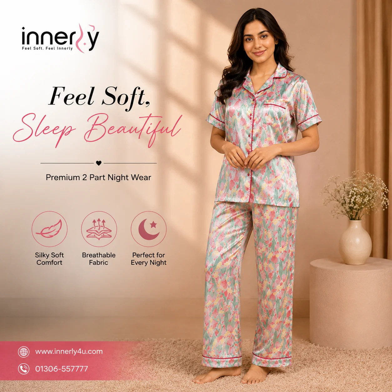 2 Part Floral Printed Half Sleeve PJ Set - Silver Paste