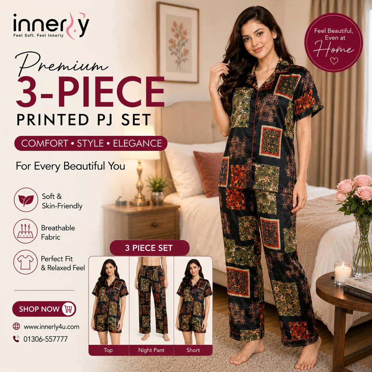 3 Part Printed Half Sleeve PJ Set - Red Black