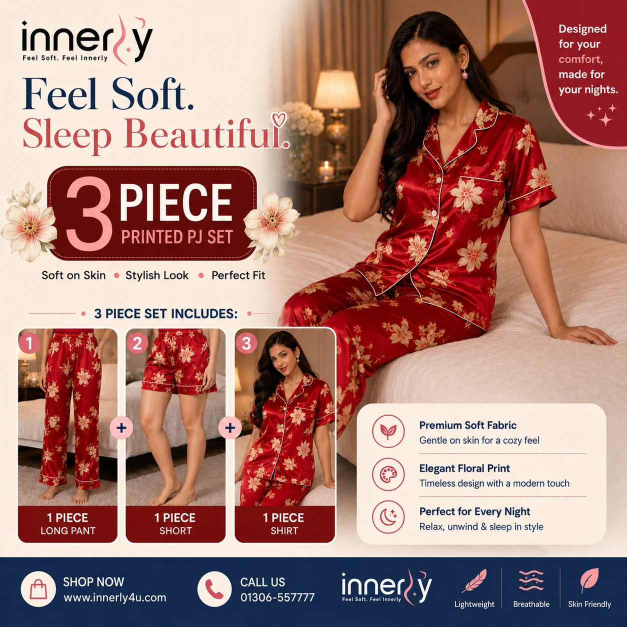 Premium 3-Part Half Sleeve Printed PJ Set - Red Color