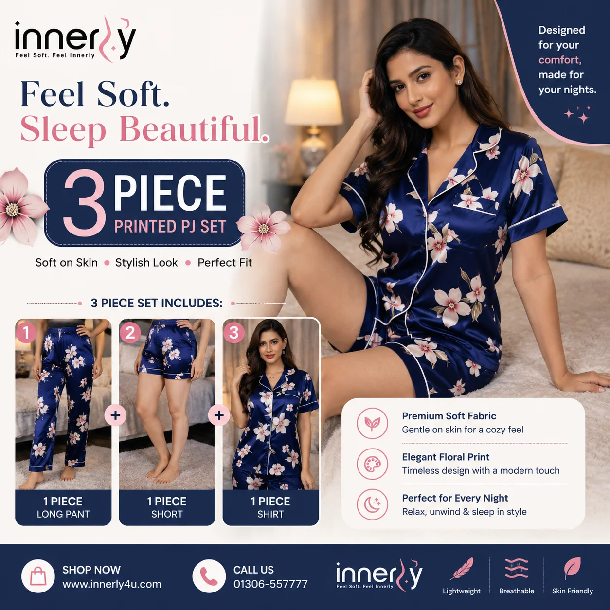 Premium 3-Part Half Sleeve Printed PJ Set - Blue Color