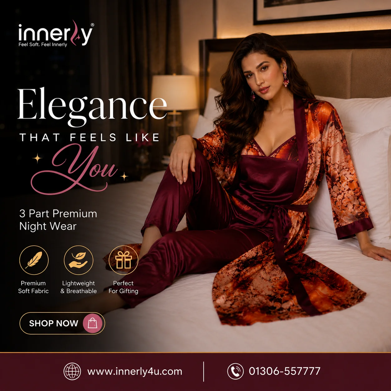3-Part Full Sleeve Printed Nightwear - Orange Print