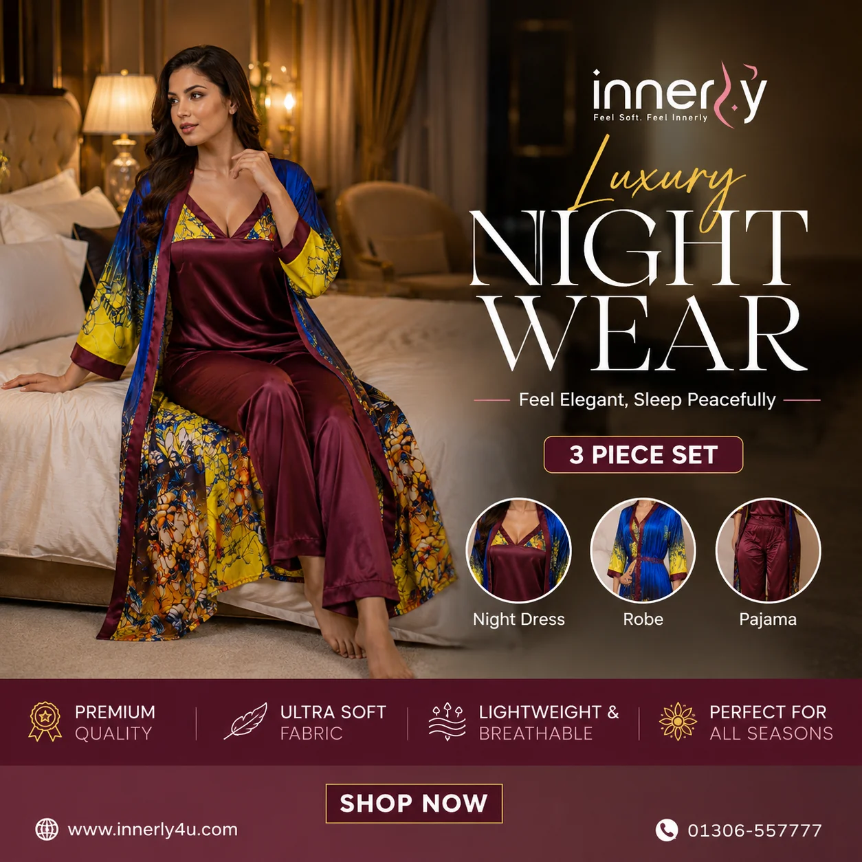 3-Part Full Sleeve Printed Nightwear - Yellow Print