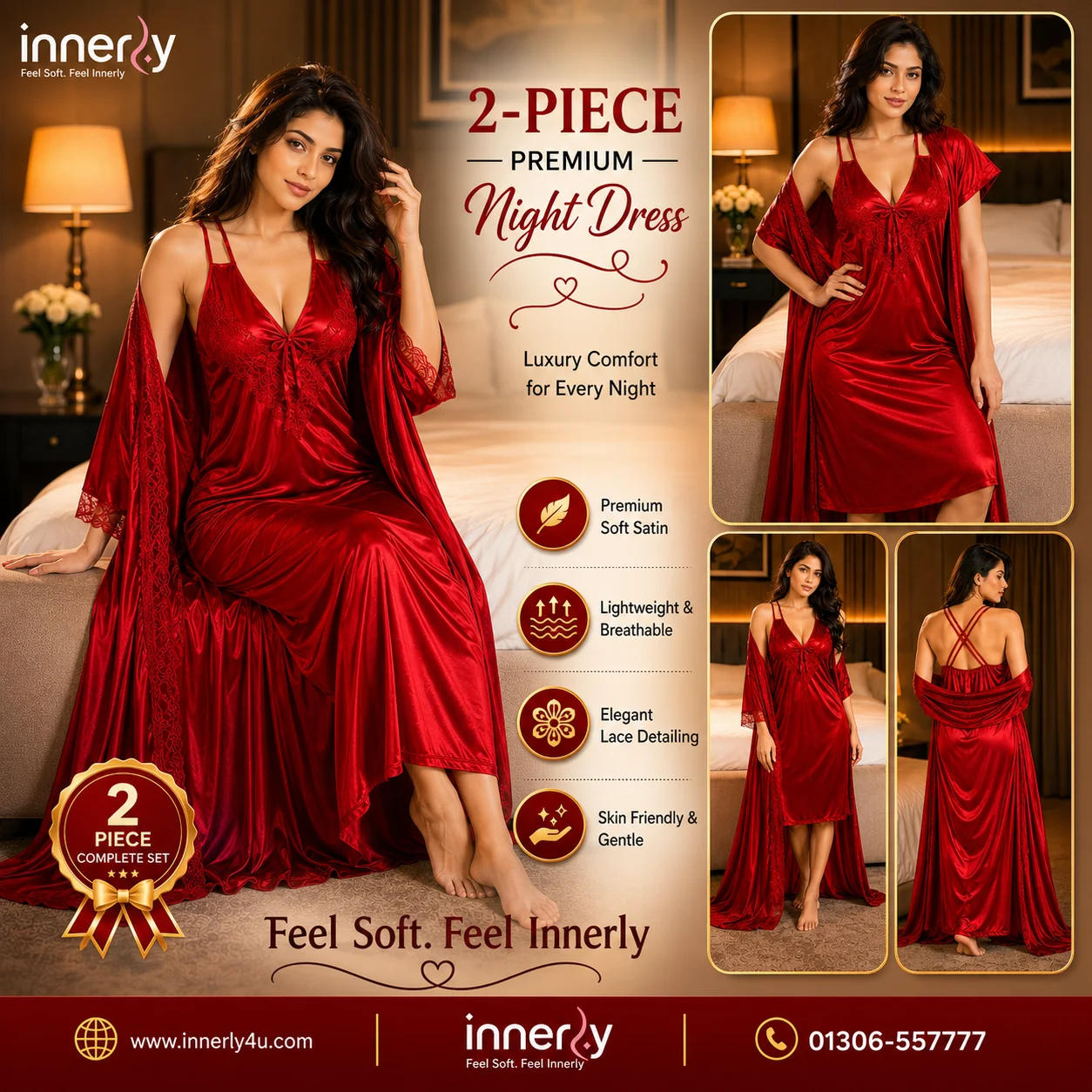 Premium 2 Part Cross-belt Nightwear - Red Color