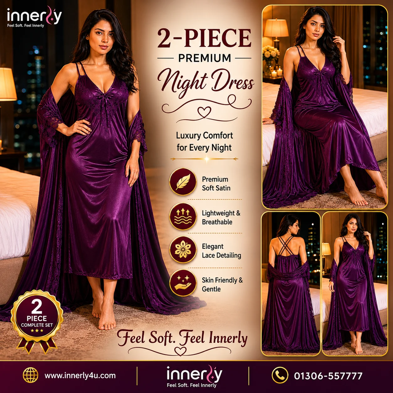 Premium 2 Part Cross-belt Nightwear - Deep Purple Color