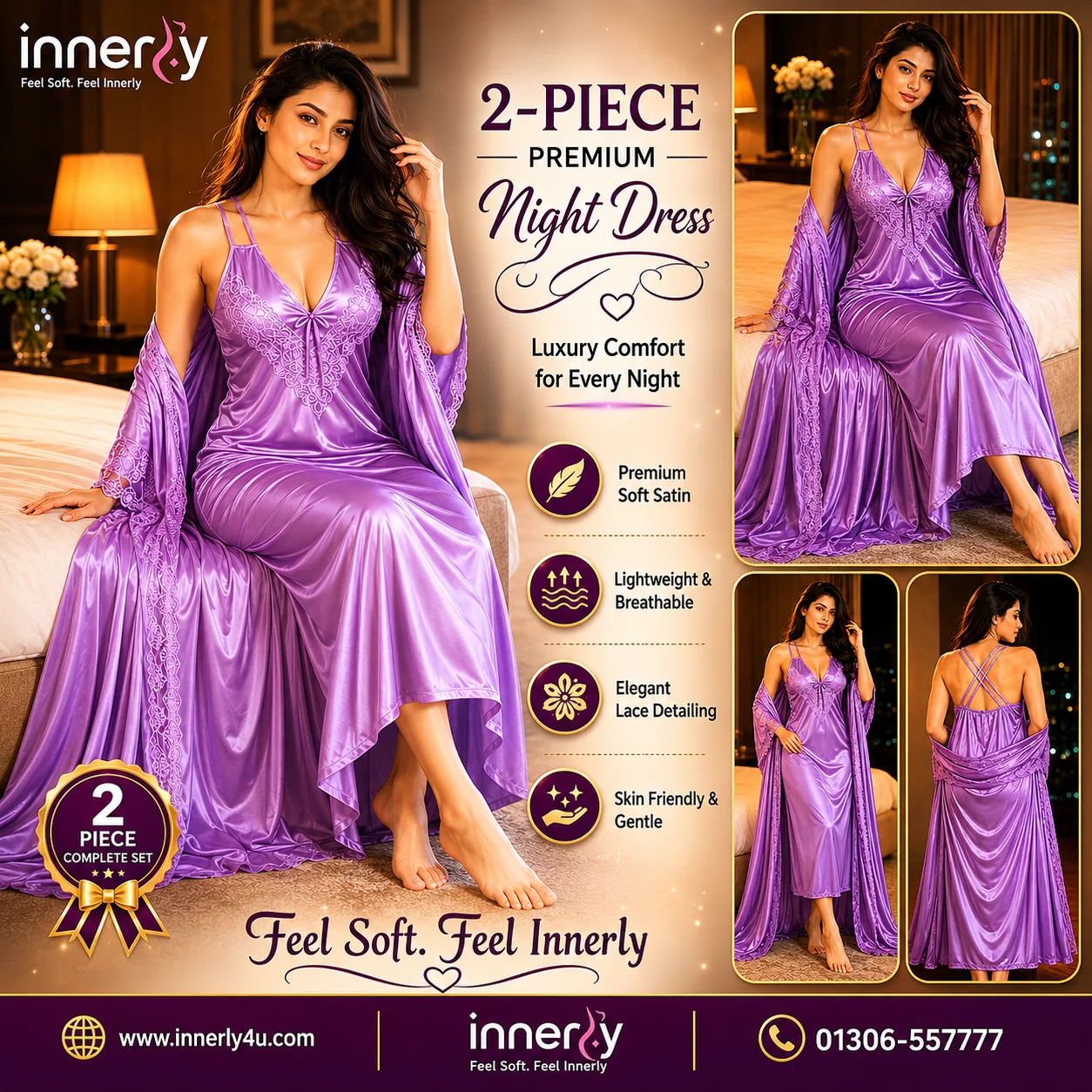 Premium 2 Part Cross-belt Nightwear - Light Purple Color