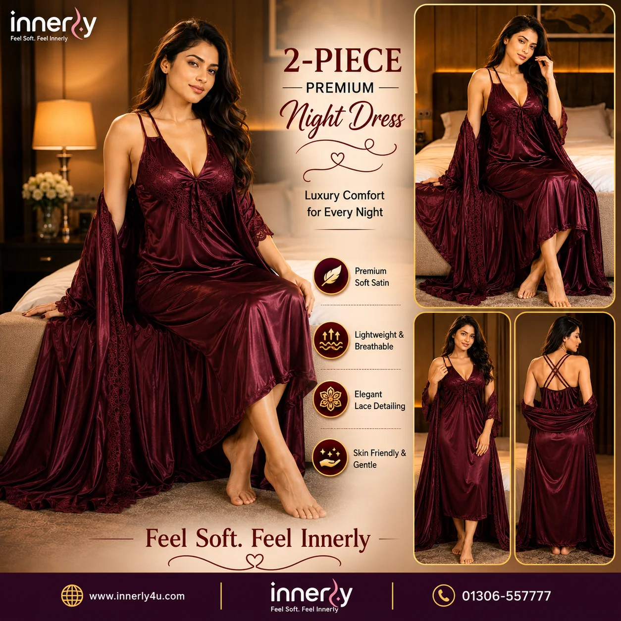 Premium 2 Part Cross-belt Nightwear - Maroon Color