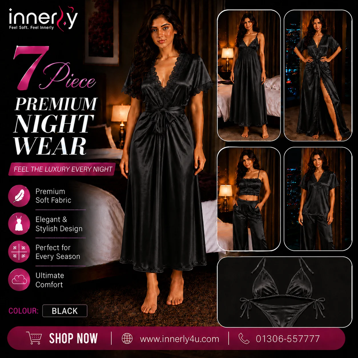 7 Part Premium Nightwear - Black
