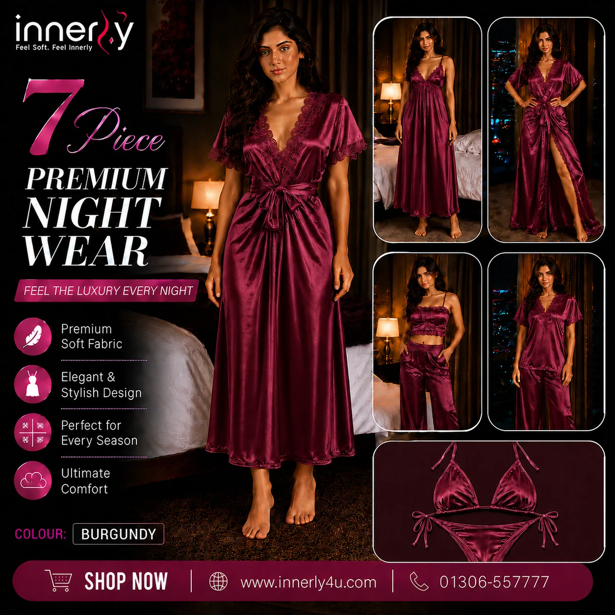 7 Part Premium Nightwear - Maroon