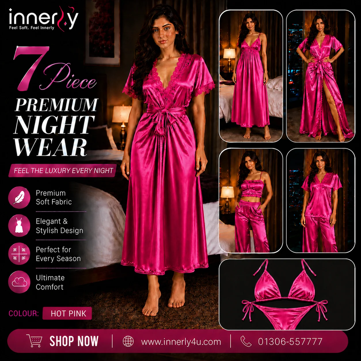 7 Part Premium Nightwear - Hot Pink