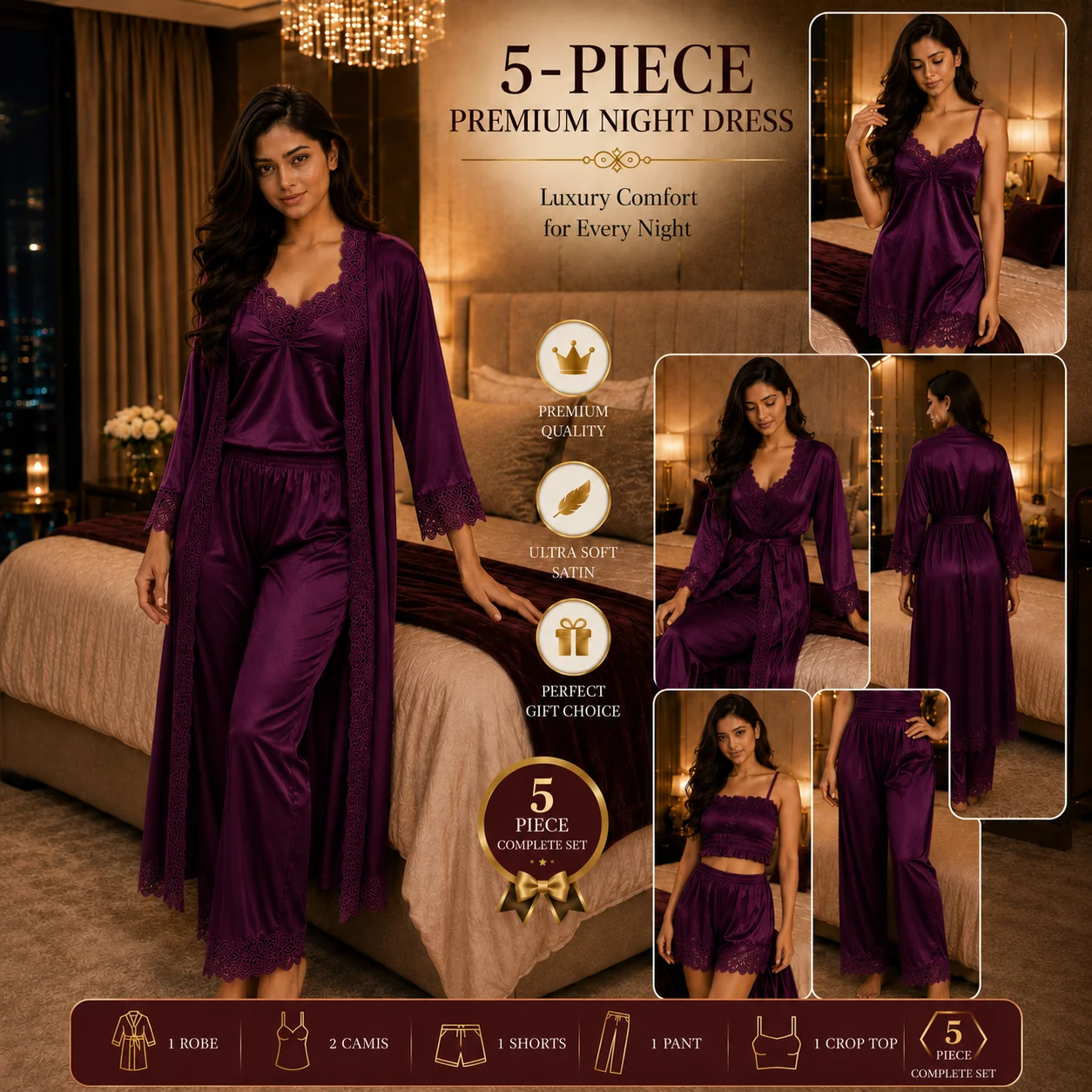5 Part Premium Nightwear - Deep Purple Color