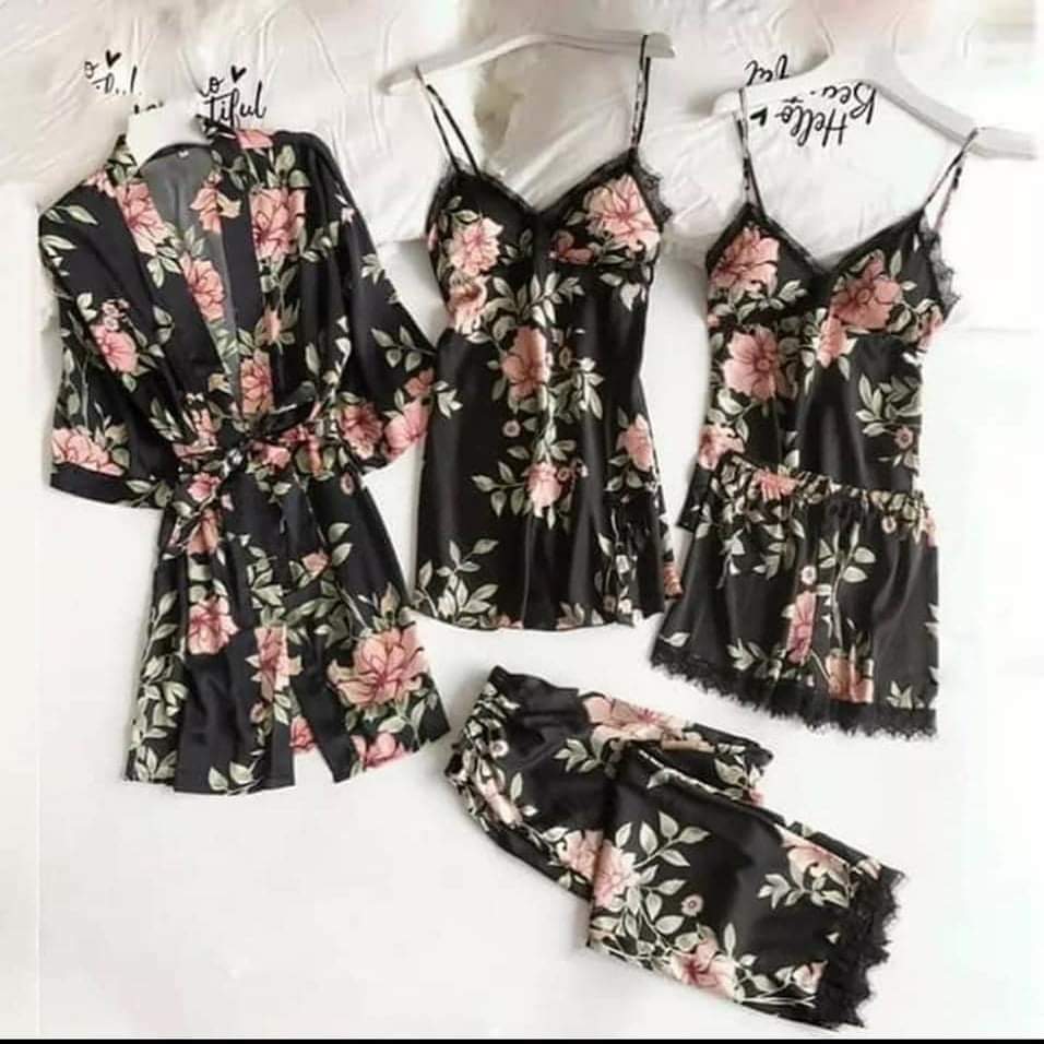 Luxury 5 Part Printed Nightwear - Black