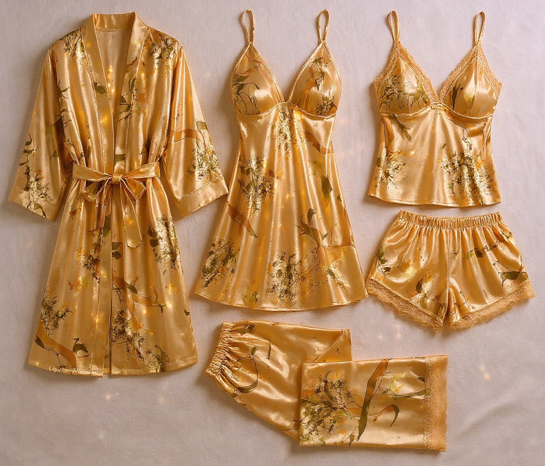 Luxury 5 Part Printed Nightwear - Golden